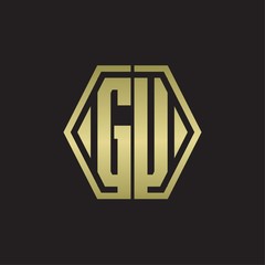 GU Logo monogram with hexagon line rounded design template with gold colors