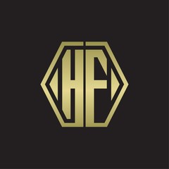 HF Logo monogram with hexagon line rounded design template with gold colors