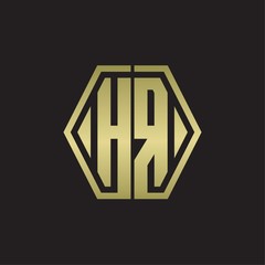 HR Logo monogram with hexagon line rounded design template with gold colors