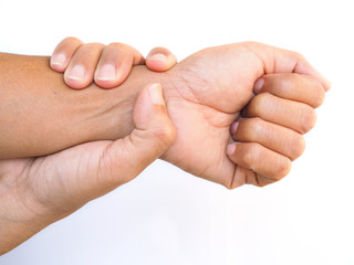 Asian women with acute wrist pain and arm pain, isolated on white background.