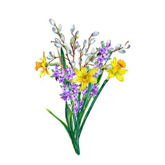 Obraz premium Floral bouquet of blooming fresh realistic spring flowers. Yellow narcissuses, lilac and willow branches. Festive spring decoration. Watercolor hand painted isolated elements on white background.