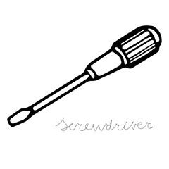 Hand-draw black vector illustration of metallic locksmith tool isolated on a white background with lettering screwdriver