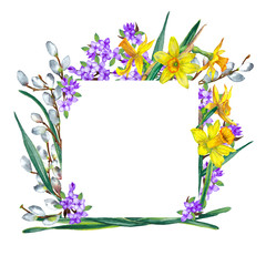 Floral quadratic frame of fresh realistic spring flowers. Yellow narcissuses, lilac and willow branches. Festive spring decoration. Watercolor hand painted isolated elements on white background.