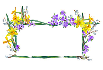Rectangular floral frame of fresh realistic spring flowers. Yellow narcissuses, lilac and willow branches. Festive spring decoration. Watercolor hand painted isolated elements on white background.