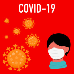 COVID-19 (Coronavirus) in China. Novel coronavirus (2019-nCoV), man in medical face mask. Concept of coronavirus quarantine. Symbols of coronavirus on a red background.