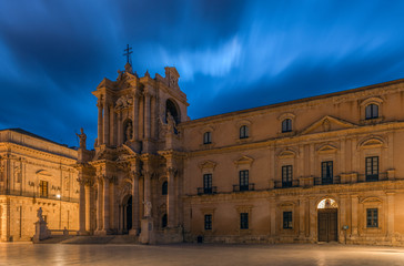 The Duomo (Cathedral of Syracuse o Greek Temple of Athena) in the main square Piazza Duomo in the center of the island of Ortigia in Sicily