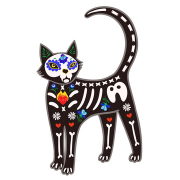 Death Day cat. Sugar skeleton isolate on a white background. Vector graphics.