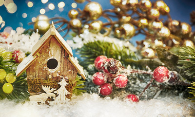 Stylish rustic Christmas background with lantern