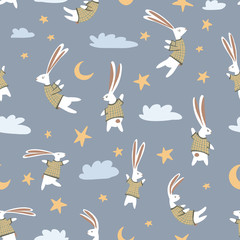 Lapins mignons dormant modèle sans couture dessinés à la main. Modèle de dessin animé pour enfants avec lapin, lièvre, nuages, lune, étoiles sur fond bleu pour papier d& 39 emballage, tissu, textile, papier peint, arrière-plan