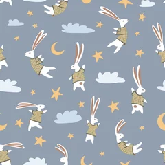 Voilages Lapin Lapins mignons dormant modèle sans couture dessinés à la main. Modèle de dessin animé pour enfants avec lapin, lièvre, nuages, lune, étoiles sur fond bleu pour papier d& 39 emballage, tissu, textile, papier peint, arrière-plan