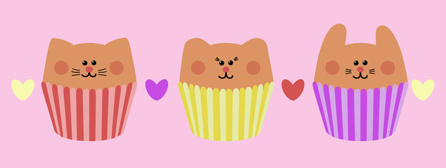 Cute vector food flat illustration. Little cat, bear and rabbit. Beautiful muffins. Pink yellow and purple cakes on pink background with hearts.