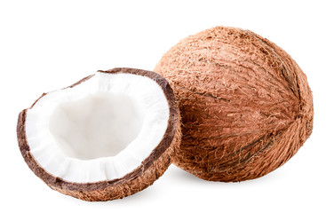 Coconut and half close-up on a white background. Isolated
