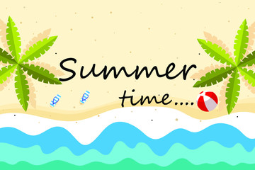 Summer holidays concept, summer time background. Top view on palm tree leaves, flip flops, beach ball and sea sand.