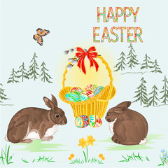 Seamless texture Happy easter spring landscape forest Easter  wicker  and easter eggs and rabbits and butterfly in the grass  vintage vector illustration editable hand draw