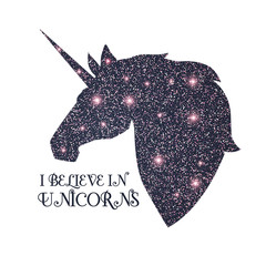 Unicorn head silhouette with pink magic texture. Fantasy design.