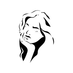 Pensive abstract girl with long hair. Abstract female portrait black on white background. Hand drawn portrait of a girl with a finger in her mouth. Vector illustration on isolated white background.