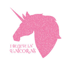 Unicorn head silhouette with pink magic texture. Fantasy design.