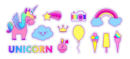 Fototapeta premium Unicorn sticker set. Cute children collection with cloud, stars, wings, heart, speach bubble, orange, crown, cake, rainbow and magic.