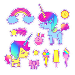 Unicorn sticker set. Cute children collection with cloud, stars, wings, heart, speach bubble, orange, crown, cake, rainbow and magic.