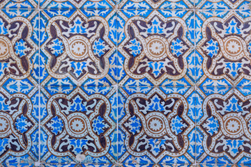Azulejo is a form of Portuguese or Spanish painted, tin-glazed, ceramic tile work. Azulejos is traditional Portugese tiles in Aveiro. Architecture ornament. Aveiro, Portugal.