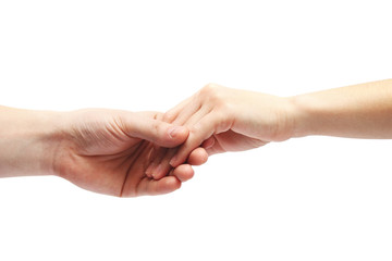 Male hand holds a female hand on a white background. Body parts