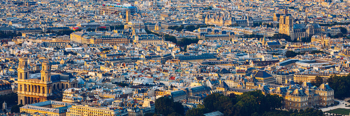 Obraz premium Saint Sulpice Church highlighted by the sun. Built in 1754 Eglise Saint-Sulpice is one of the biggest churches in Paris. Saint-Germain-des-Pres district, Place Saint-Sulpice, Paris, France
