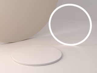 3d rendering, abstract cosmetic background. Minimal podium to show a product. Empty scene with spherical lights . Pastel cream minimal wall. Fashion showcase, display case, shopfront. 