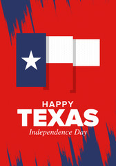 Texas Independence Day. Freedom holiday in Unites States, celebrated annual in March. Lone star flag. Texas flag. Patriotic sign and elements. Poster, card, banner and background. Vector illustration