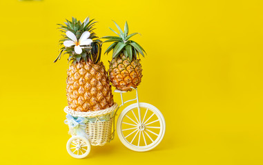 Two pineapples on a bicycle on a yellow background. Space for text