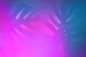 Contrast shadows of monstera leaves in trendy duotone neon backlight. Abstract backdrop for your design.