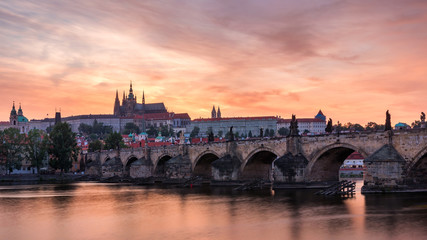 Fototapeta premium Charles Bridge in Prague in Czechia. Prague, Czech Republic. Charles Bridge (Karluv Most) and Old Town Tower. Vltava River and Charles Bridge. Concept of world travel, sightseeing and tourism.