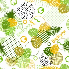 Wandaufkleber Seamless pattern with tropical leaves of plants and memphis style elements. Flat style. Gray background. Drawn by hands. Illustration on a summer theme. Lettering with the text Bon Voyage. © Chorna_L