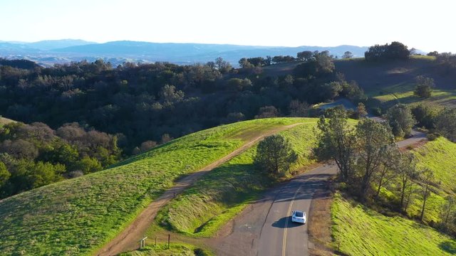 aerial view of car driving on beautiful countryside road at Mount Diablo in Bay Area, California