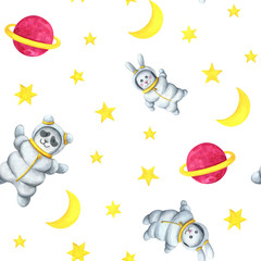 Animal astronauts in outer space. Seamless pattern on a white background. Children's watercolor illustration. Cute print with  a hare in a space suit. Pink planet, star, moon, infinite universe.