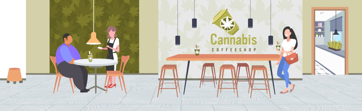 waitres taking order from man customer with cannabis coffee modern cafe shop interior marijuana legalization drugs consumption concept horizontal full length vector illustration
