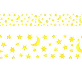 Seamless, decorative border with the moon and stars. Space bodies are yellow. Linear pattern in a chaotic order on a white background. Template for design