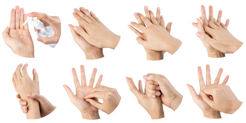 Man hands using wash hand sanitizer gel pump dispenser for protection coronavirus and bacteria, health care concept, 7 step hand wash