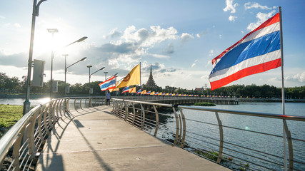 Thailand Flag fly at Bridge Bueng Kaen Nakorn Park. Khonkean,Thailand. The National Flag of...