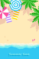 sandy tropical beach with palm trees.  Banner in cartoon style. Inscription Summer time, place for your text. Vector illustration 