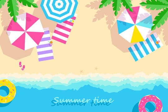 sandy tropical beach with palm trees.  Banner in cartoon style. Inscription Summer time, place for your text. Vector illustration 