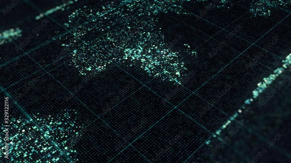 Poster abstract continents formed by rows of tiny cells with crossed straight lines flowing on black backgr