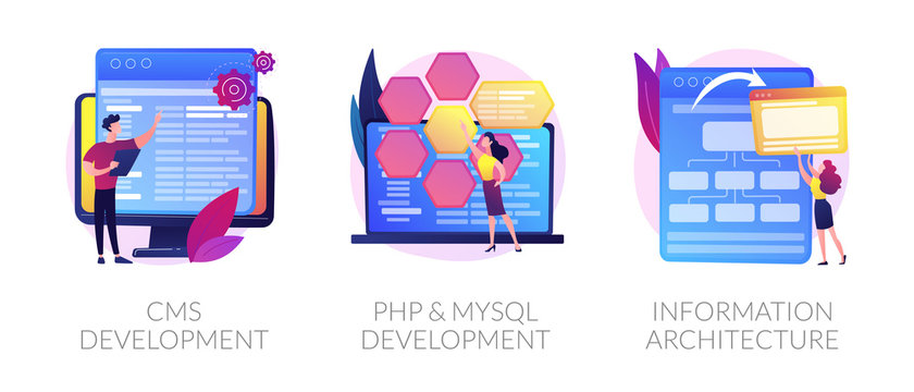 Content management system. Software engineering, database programming. CMS development, PHP MySql development, information architecture metaphors. Vector isolated concept metaphor illustrations.