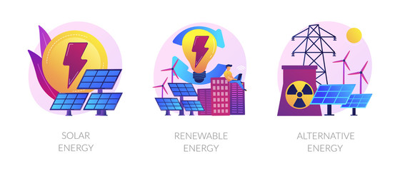 Eco friendly innovations, sustainable technology, solar panels and wind turbines use. Solar energy, renewable energy, alternative energy metaphors. Vector isolated concept metaphor illustrations