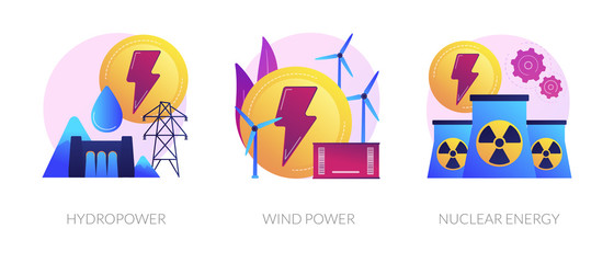 Renewable resources use, environmentally safe technology, industrial power plant icons set. Hydropower, wind power, nuclear energy metaphors. Vector isolated concept metaphor illustrations