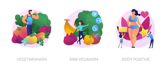 Healthy vegan lifestyle, natural and organic nutrition, self acceptance icons set. Vegetarianism, raw veganism, body positive metaphors. Vector isolated concept metaphor illustrations