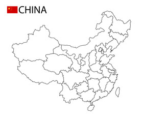 China map, black and white detailed outline with regions of the country. Vector illustration