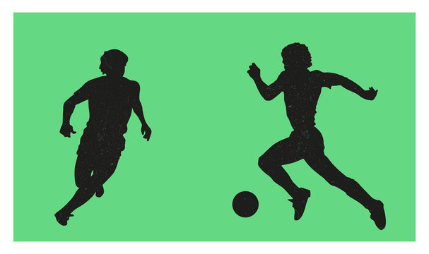 Black textured silhouettes of men playing football, running on a green background. Sports, soccer. Vector illustration. 