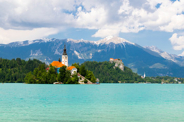 Lake Bled with mountains in Slovenia