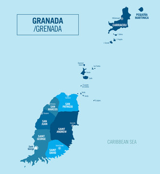 Granada, Grenade political map with separated provinces and cities. Saint George capital city. Vector illustration.