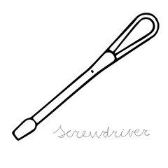 Hand-draw black vector illustration of metallic locksmith tool isolated on a white background with lettering screwdriver